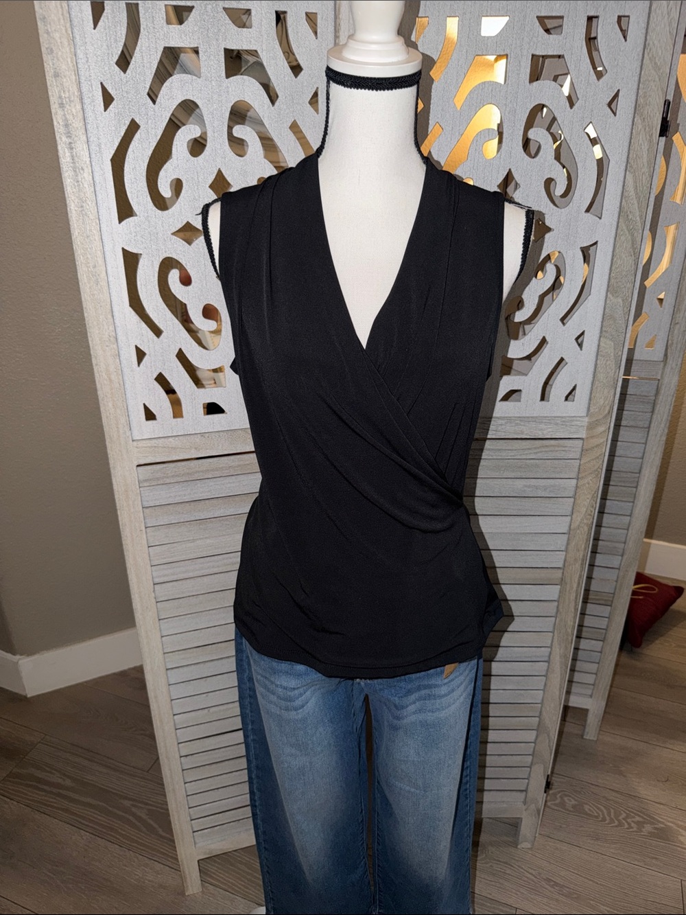 Tahari Black Sleeveless Faux-Wrap V-Neck Top